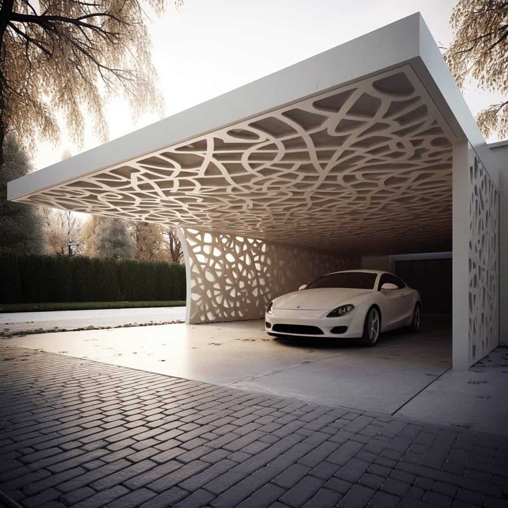 Nowoczesny garaż z unikalnym designem, z murami i dachem z perforacją geometryczną, w tle luksusowy samochód i spokojne otoczenie, podkreślając styl i funkcjonalność przestrzeni parkowania.