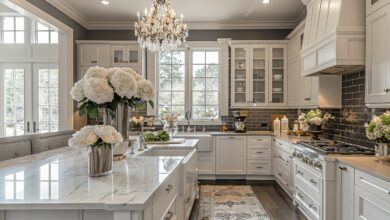 Wystrój eleganckiej kuchni z białymi meblami, kwiatami i dużymi oknami, idealny do inspiracji aranżacji wnętrz od PaniDyrektor.pl.