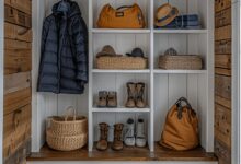 Szykowna szafa na buty i odzież, drewniana wnęka z organizacją na buty, akcesoria i odzież wierzchnią, wnętrze do przechowywania butów i odzieży w eleganckim stylu, praktyczne rozwiązanie do garderoby lub przedpokoju.